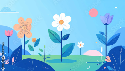 Stylized floral scenery featuring cartoon flowers, leaves, and a pink sun against a light blue sky
