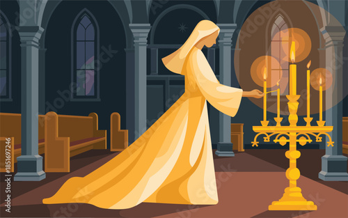 A serene figure in yellow robes holding a golden candelabra in a grand church interior