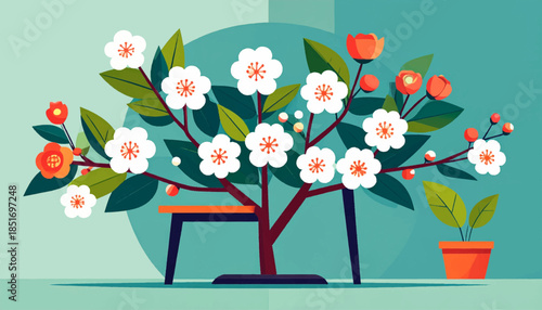 Stylized flowering tree on a table and potted plant, against a teal background, using flat, geometric forms