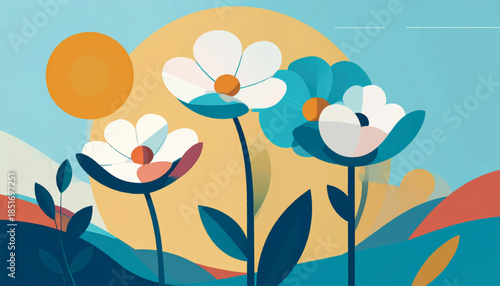 Stylized flowers in front of a sunny backdrop, set in an abstract landscape of color blocked shapes