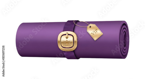 Luxurious purple yoga mat with golden buckle and VIP tag, signifying premium wellness and exclusive access.