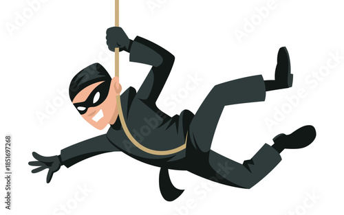 Burglar climbing down a rope in a stealthy nighttime operation
