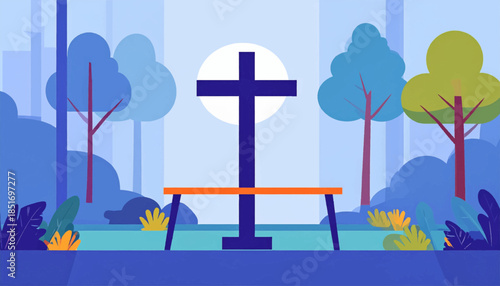 Stylized forest illustration features a cross behind a simple table, blue hues and soft light create calm