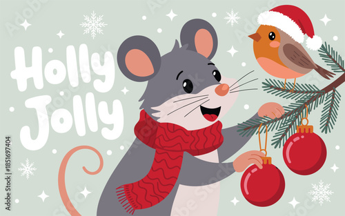 A cartoon mouse decorating a Christmas tree with ornaments and a bird perched on a branch