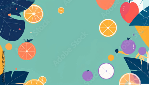 Stylized fruit and foliage, in flat shapes, against a pale teal backdrop, evokes a summery, vibrant, refreshing feel