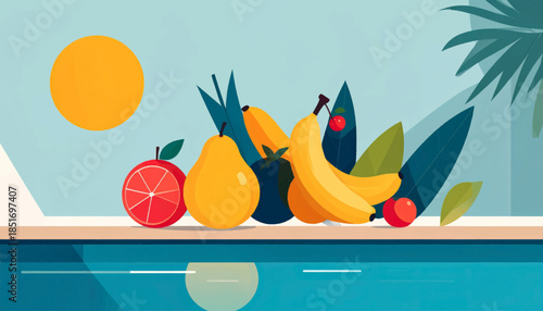 Stylized fruit still life near a pool, with a stylized sun and tropical leaves against a light blue sky background