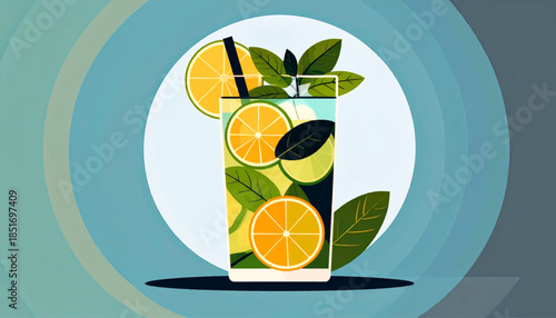 Stylized fruity beverage with citrus slices and mint in a clear glass against a blue, concentric background