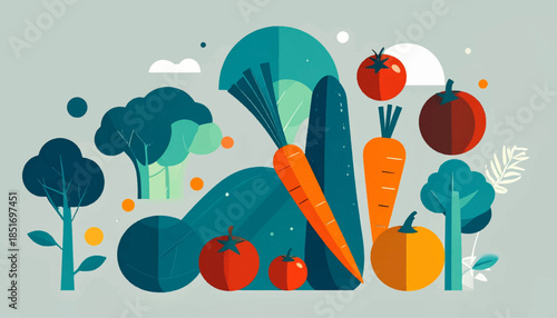 Stylized garden still life featuring vegetables in cool and warm hues against a light background, abstract