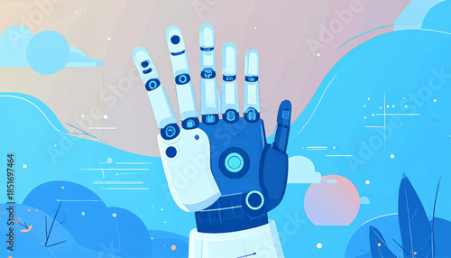 Stylized, geometric illustration of a robot hand against an abstract, colorful background of clouds, plants and sky