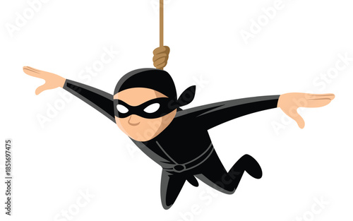 A masked figure swings from a rope in a dynamic pose against a plain white background