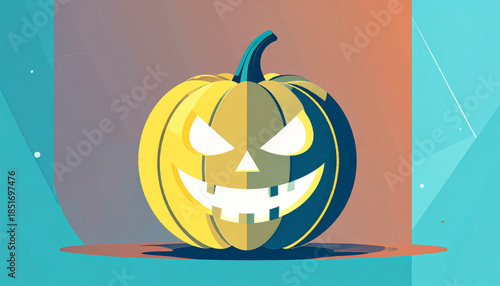 Stylized geometric illustration of a spooky, grinning pumpkin against a gradient background