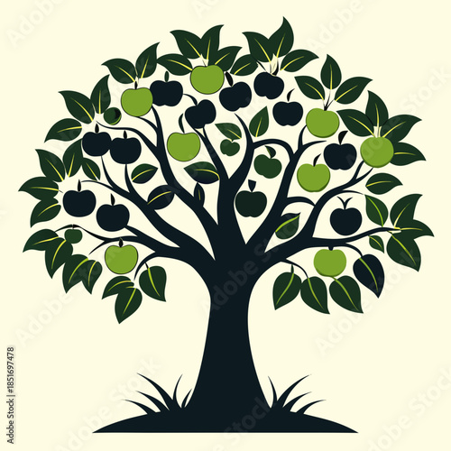 Black Apple Tree Illustration with Decorative Botanical Style