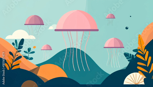 Stylized, geometric illustration of jellyfish floating above a teal landscape with foliage and small bubbles
