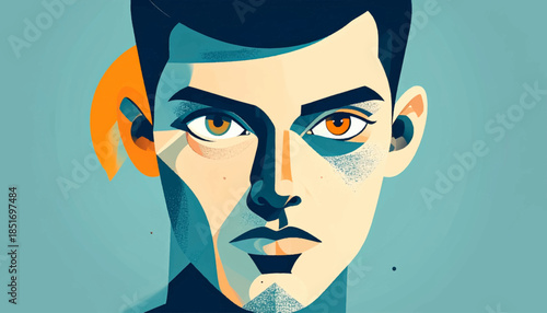 Stylized, geometric portrait of a man with striking eyes against a light blue background