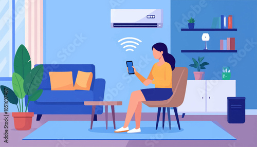 Stylized indoor scene with a person using a phone to control an AC unit in a blue-toned room