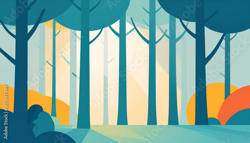 Stylized, geometric woodland scene with tall, blue trees and light filtering through. Minimalist, bright, flat design