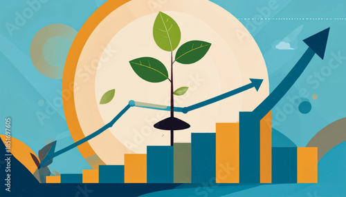 Stylized graph illustration upward trend, green plant. Success, growth, and achievement concept, against a light-blue backdrop