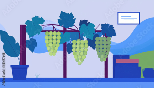Stylized grape vines with leafy backdrop and blue hues, in a simple cartoon graphic style