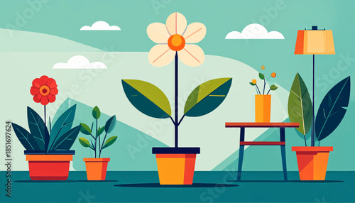 Stylized indoor scene with potted plants, table, lamp, against teal background with clouds