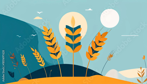 Stylized graphic featuring wheat stalks against a blue landscape with birds, sun, and hills in an illustrative style