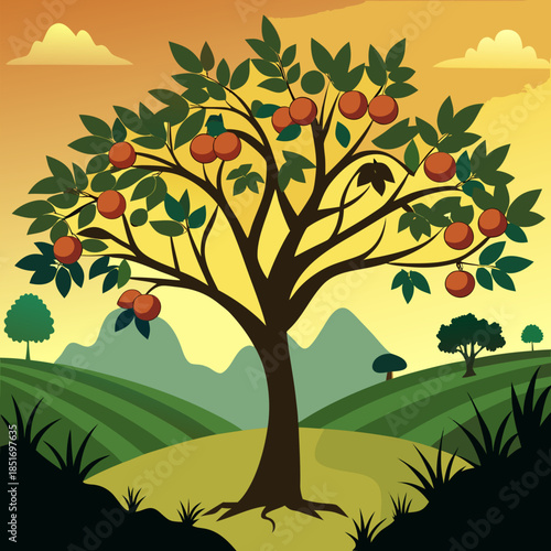 Apple Orchard Landscape Illustration with Fruit Trees