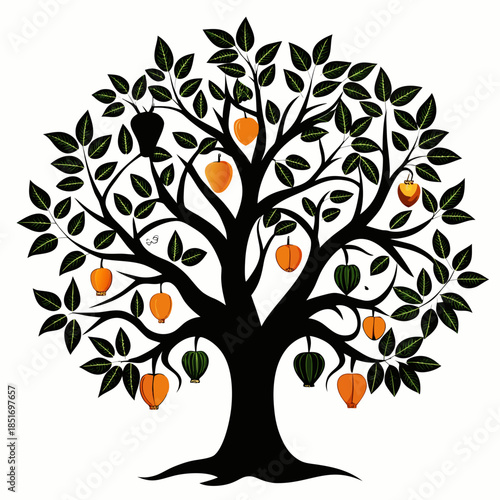 Decorative Orange Fruit Tree Illustration with Black Branches