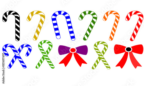 Set of Christmas Candy Canes with Ribbons and Bows, Colorful Striped Peppermint Sticks in Red Green Blue Yellow Black, Festive Holiday Lollipops with Gift Bows