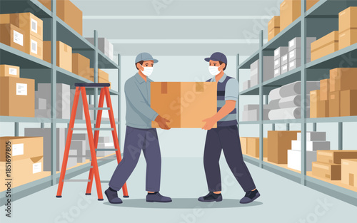 Warehouse workers collaborating to move a large package between shelving units filled with boxes
