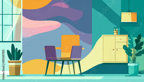 Stylized interior featuring chairs, cabinet, plants, window, and abstract wall art in a colorful, modern design