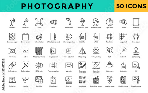 Photography icons set with umbrella, reflector, grid, snoot, beauty dish, continuous light, modeling light, light stand, c stand, backdrop icon. Simple line vector 
