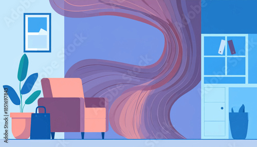 Stylized interior illustration Armchair, plant, bookshelf, window & abstract art on a light blue background