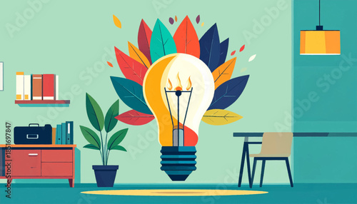 Stylized interior illustration with a glowing bulb, leaves, desk, & furniture against a mint backdrop