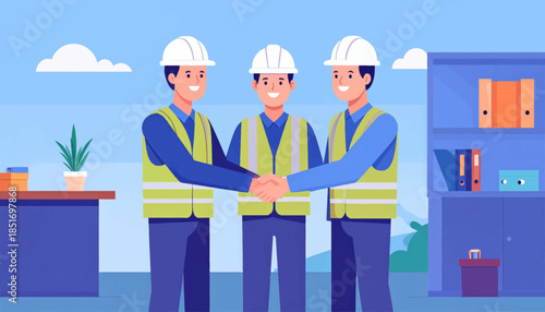 Three construction workers in vests shaking hands indoors with office decor against a blue sky backdrop
