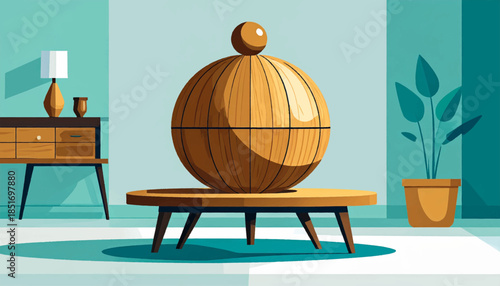 Stylized interior scene a wooden spherical container sits on a table, with a potted plant and lamp dresser