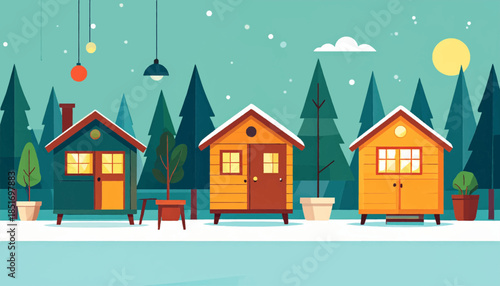 Three cozy cabins amid snowy pines under a pastel sky with warm lighting and a clean, illustrative aesthetic