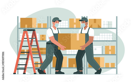 Workers handling boxes in a warehouse storage facility with shelves and ladders