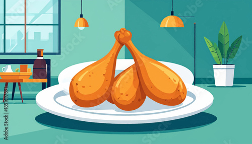 Stylized interior scene fried chicken on a plate, side table with drinks, lights overhead, and potted plant