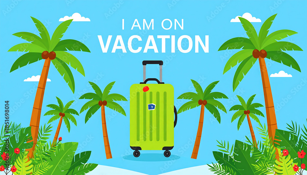 Fototapeta premium A vibrant illustration of a tropical vacation scene with palm trees, lush plants, a green suitcase, and the text