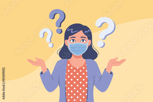 A woman wearing a face mask stands with questioning hands against a yellow background