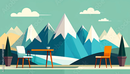 Stylized scene showing snow-capped mountains, potted plants, table, and chairs with a muted color palette