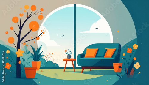 Stylized interior scene with teal sofa, orange accents, plants and a large arched window revealing a sky with birds