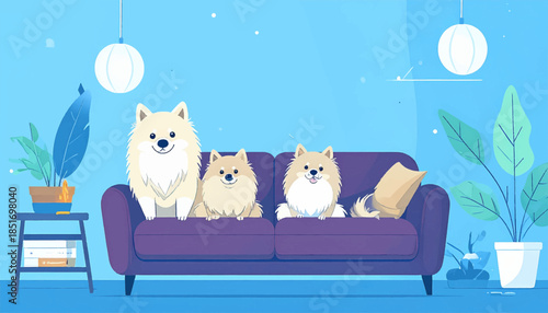 Three fluffy dogs perch on a purple sofa in a brightly lit, blue-toned room with plants and soft, white lamps