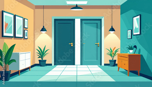 Stylized interior scene with two doors, cabinets, plants, pictures, teal floors and yellow/teal walls