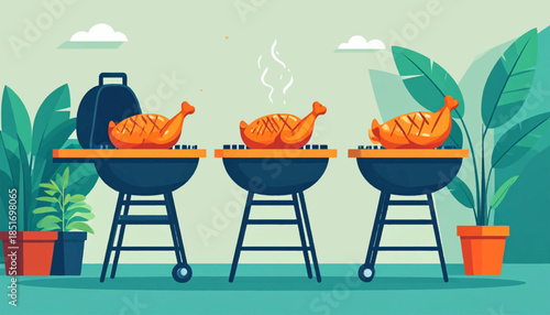 Three grills cooking poultry, with plants and clouds in the background, in a simplified, bright, vector style