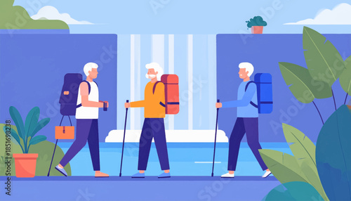Three older adults hiking past a waterfall, surrounded by plants and a cloudy sky, in a colorful flat illustration