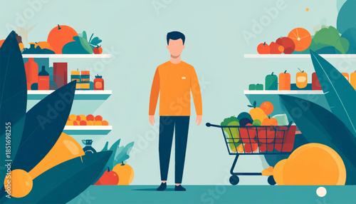 Stylized scene shows a man in a grocery aisle with shelves of colorful produce and a full shopping cart