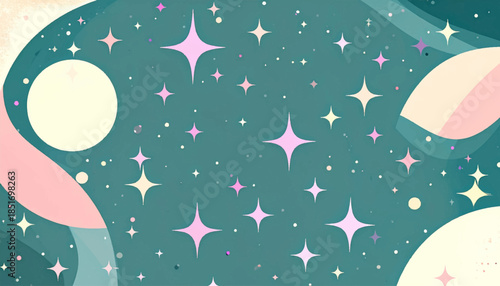 Teal space background with stars, a circle, and abstract shapes in light pink and beige colors