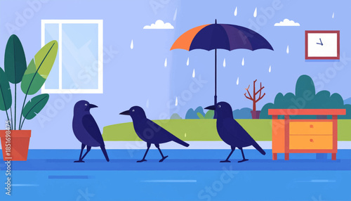 Three stylized birds walk in the rain, one sheltered by an umbrella, indoors or outdoors, flat color illustration