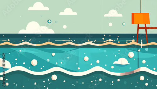 Stylized ocean scene with simple waves, clouds, bubbles, and a minimalist tower in muted teal, orange, and cream colors