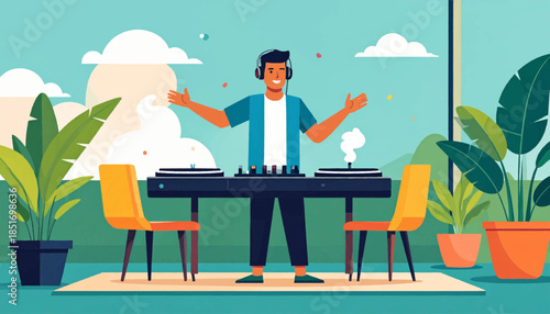 Upbeat DJ with headphones stands at turntables in a plant-filled room, bathed in natural light